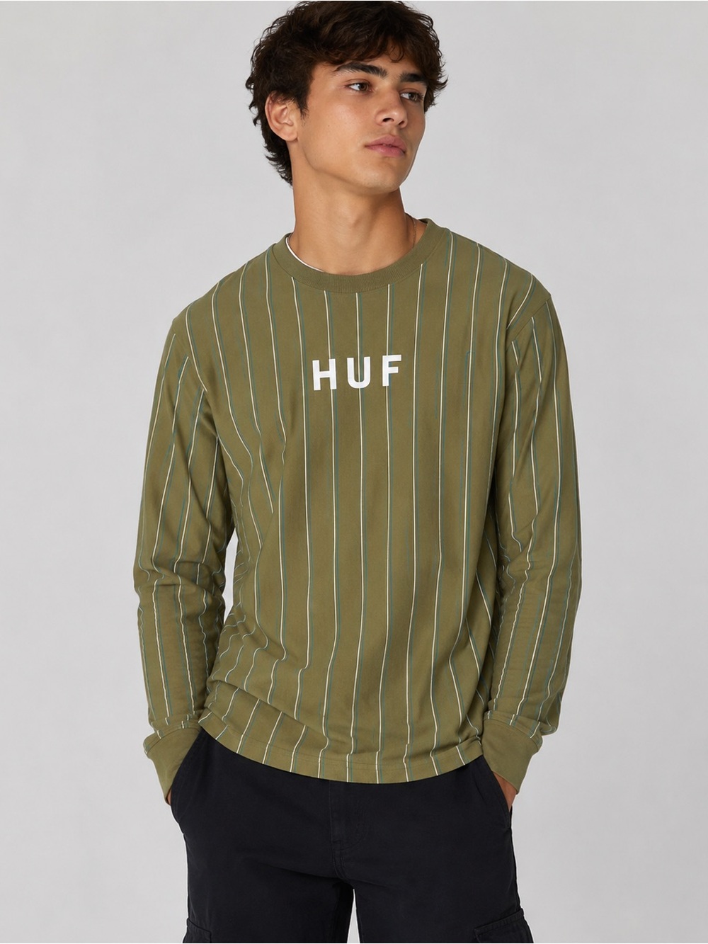 HUF Olive Green Vertical Stripe Long Sleeve Shirt